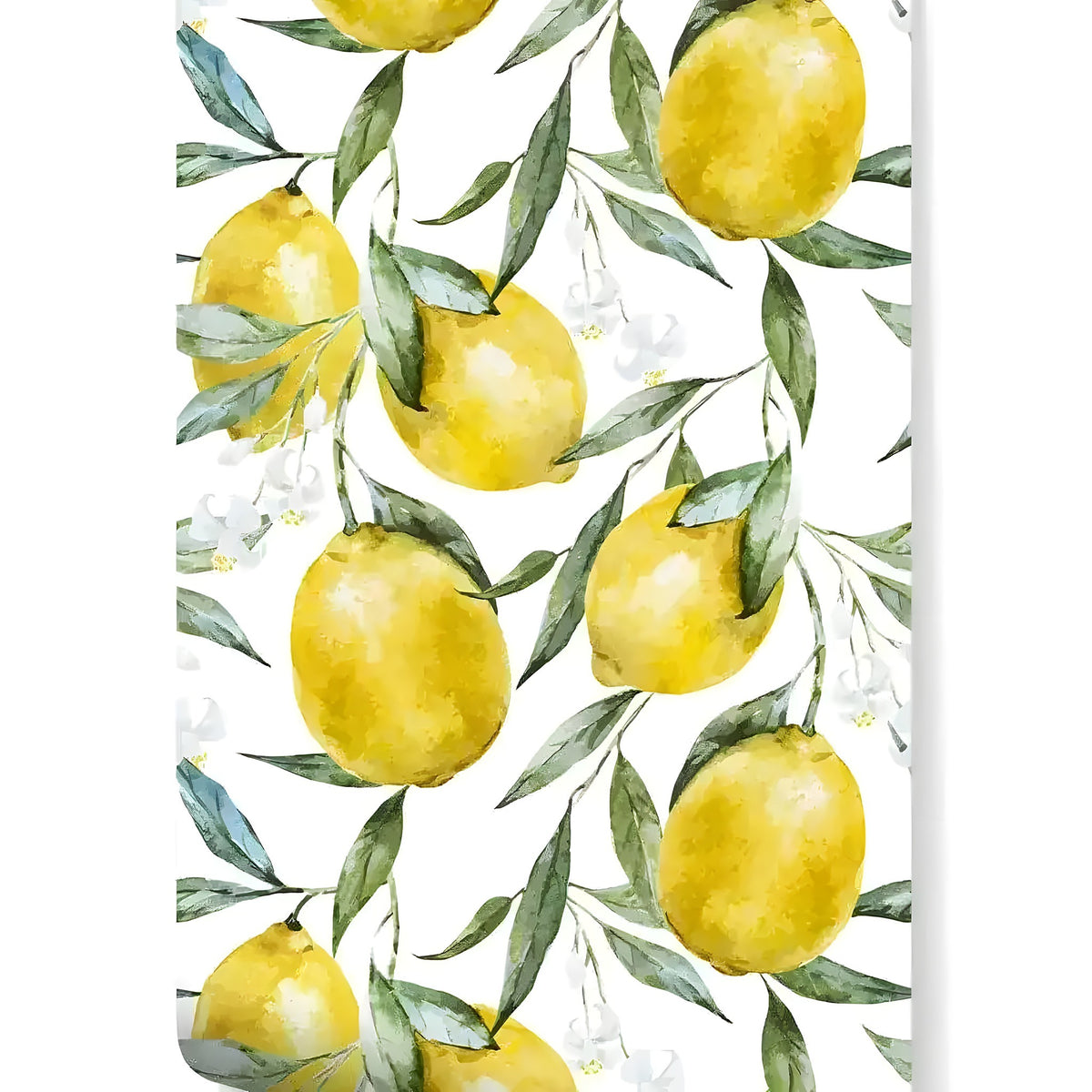 Flat sheet view of lemon kitchen wallpaper with watercolor yellow lemons, green leaves, and white blossoms