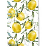 Flat sheet view of lemon kitchen wallpaper with watercolor yellow lemons, green leaves, and white blossoms