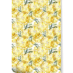 Pattern swatch of yellow lemons kitchen wallpaper — dense watercolor lemon slices and green sprigs on white