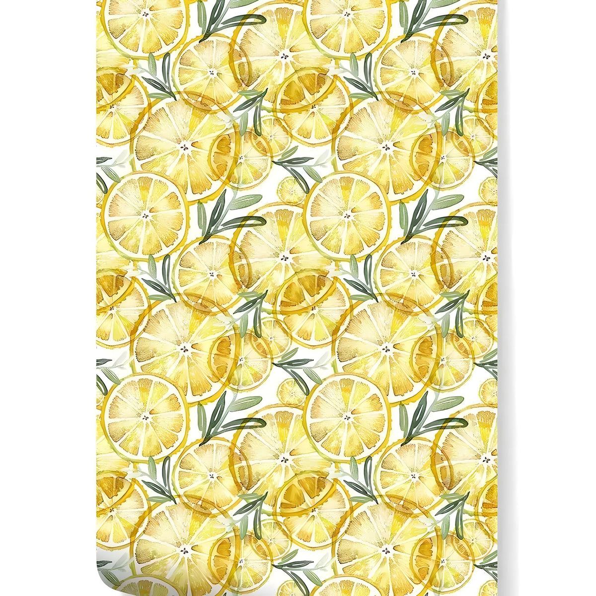 Pattern swatch of yellow lemons kitchen wallpaper — dense watercolor lemon slices and green sprigs on white
