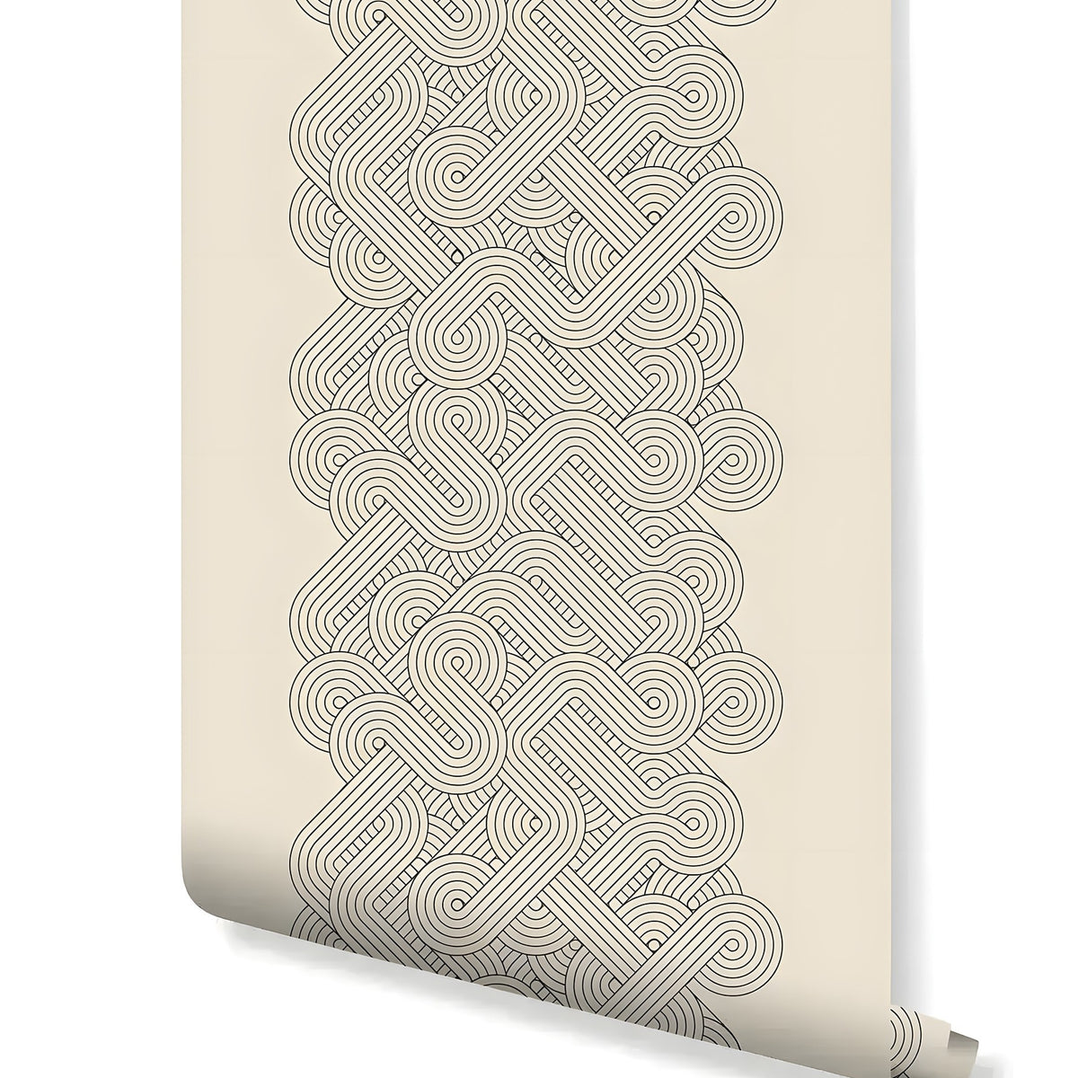 Roll of retro style geometric lines wallpaper with interlocking curved loop border columns on cream background