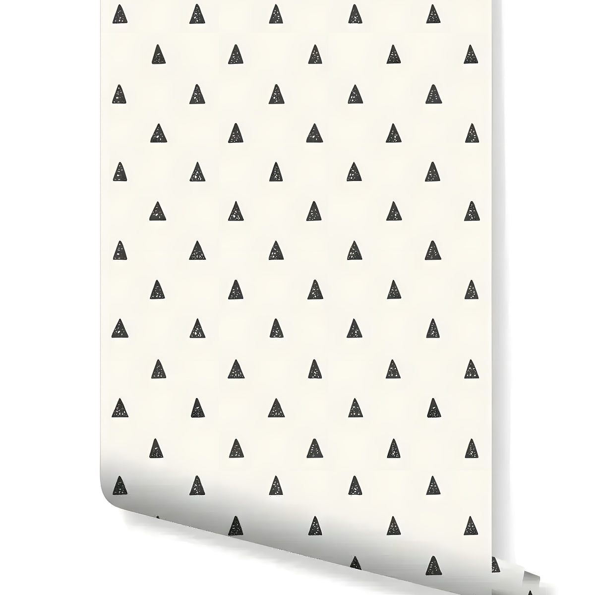 Rolled sample of black triangle doodle removable wallpaper, small sketchy triangles scattered on cream background