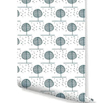 Minimalistic doodles forest trees wallpaper as rolled bolt, teal line-drawn circular trees on white