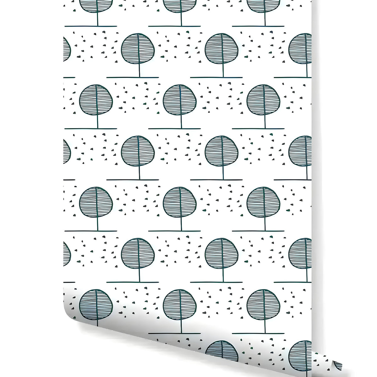 Minimalistic doodles forest trees wallpaper as rolled bolt, teal line-drawn circular trees on white
