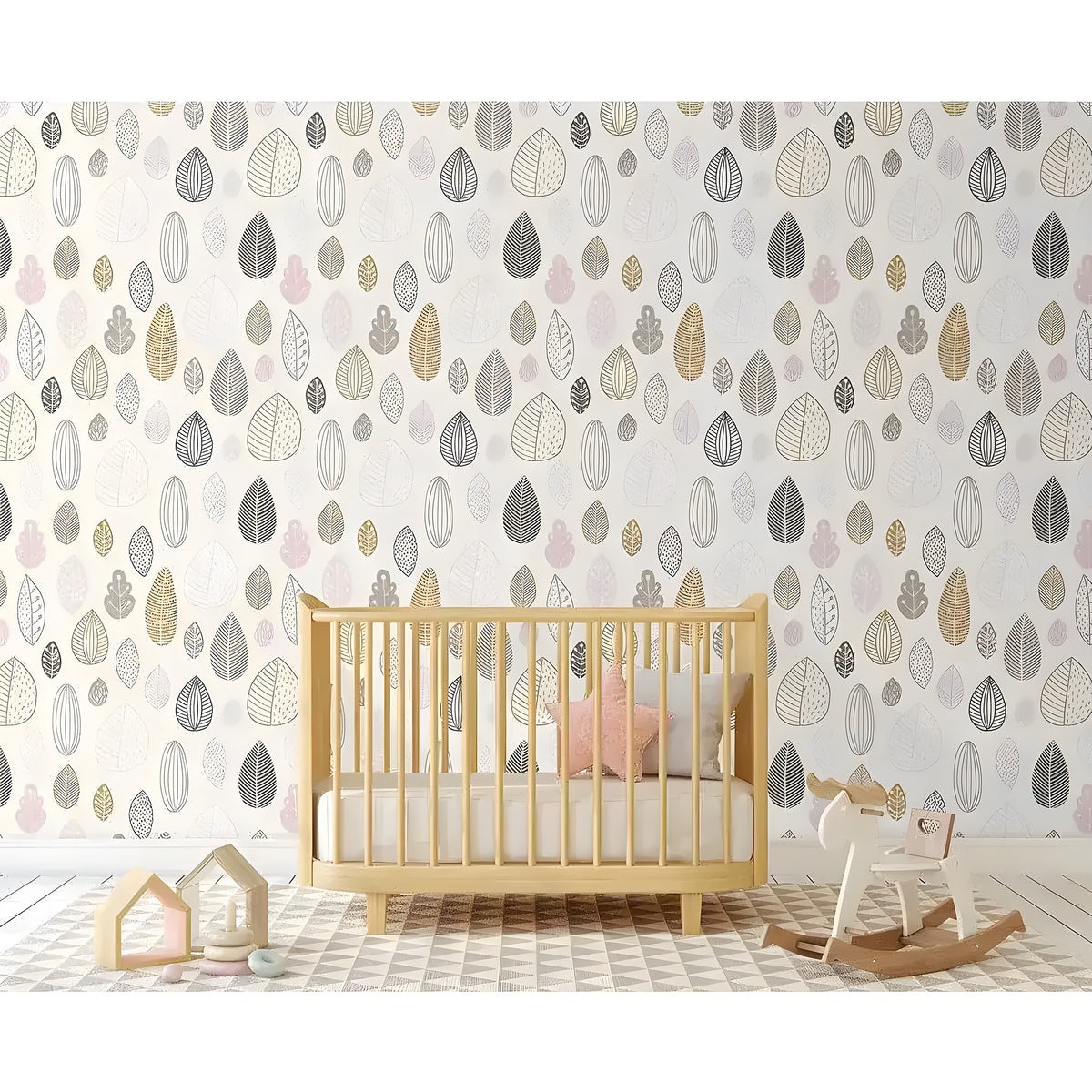 Minimalistic geometric leaves removable wallpaper in a bedroom — black outlined teardrop leaf rows on white as headboard accent