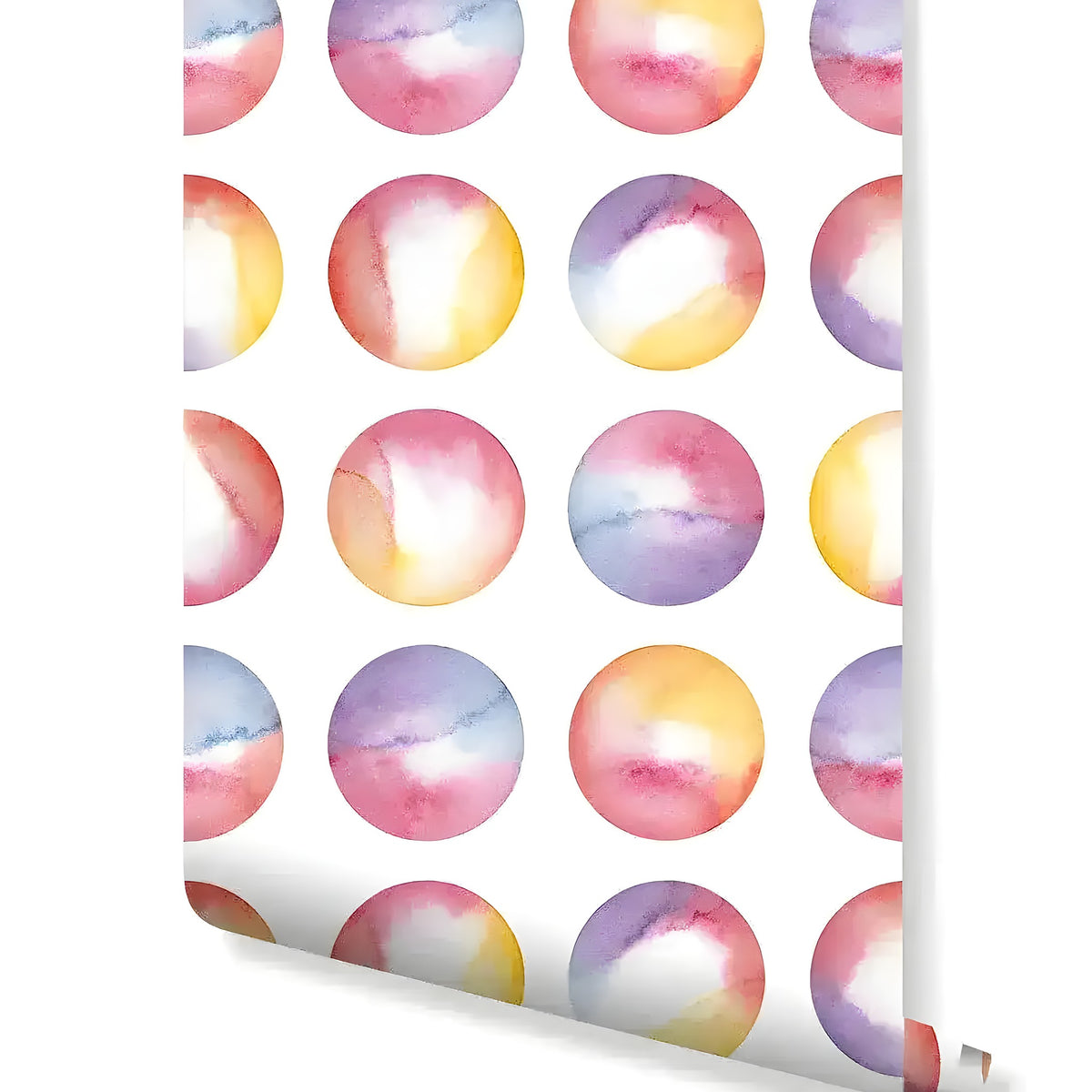 Watercolor bubbles circles wallpaper rolled swatch showing pastel multicolour polka dots