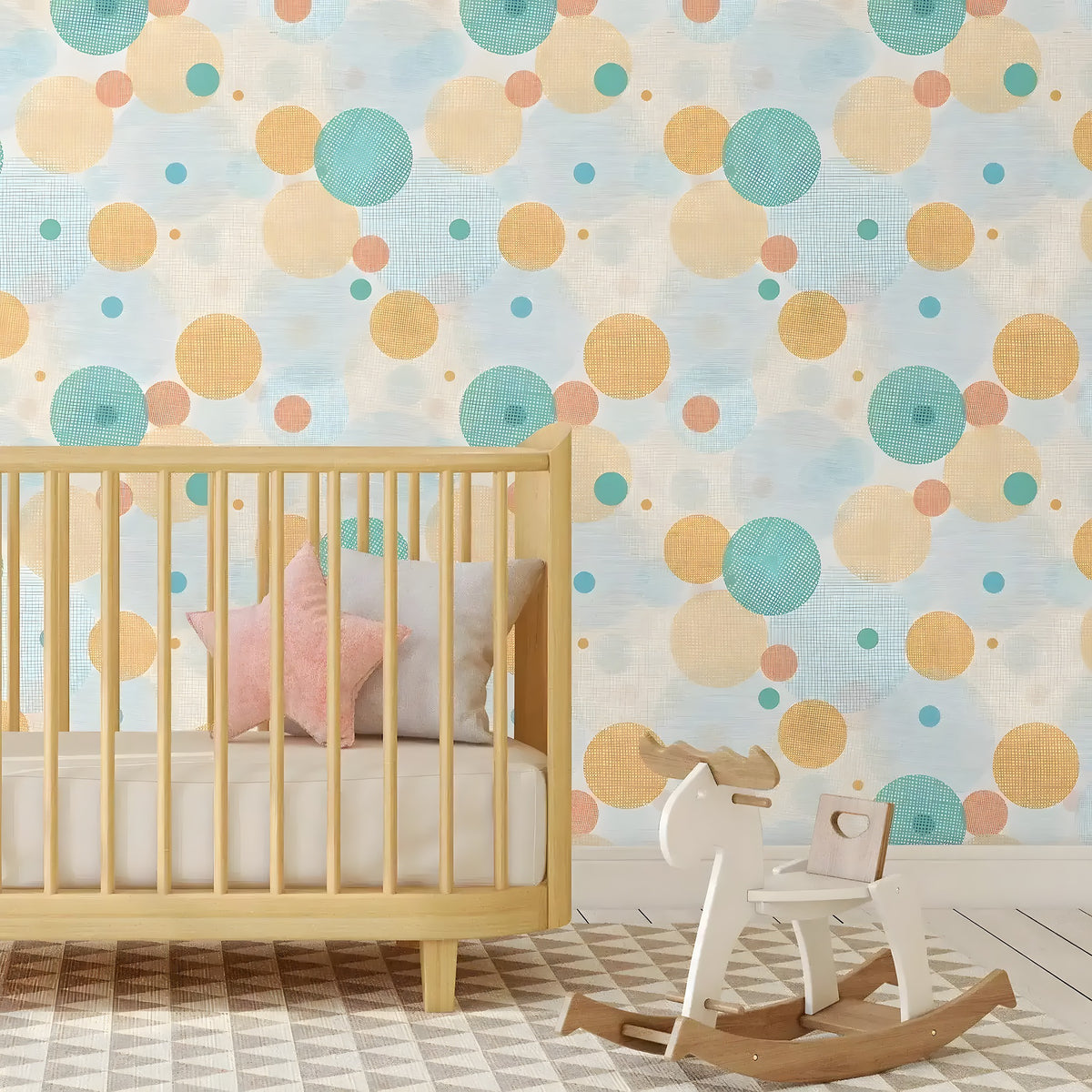 Colorful fabric-print circles wallpaper in a nursery with a wooden crib and rocking toy horse