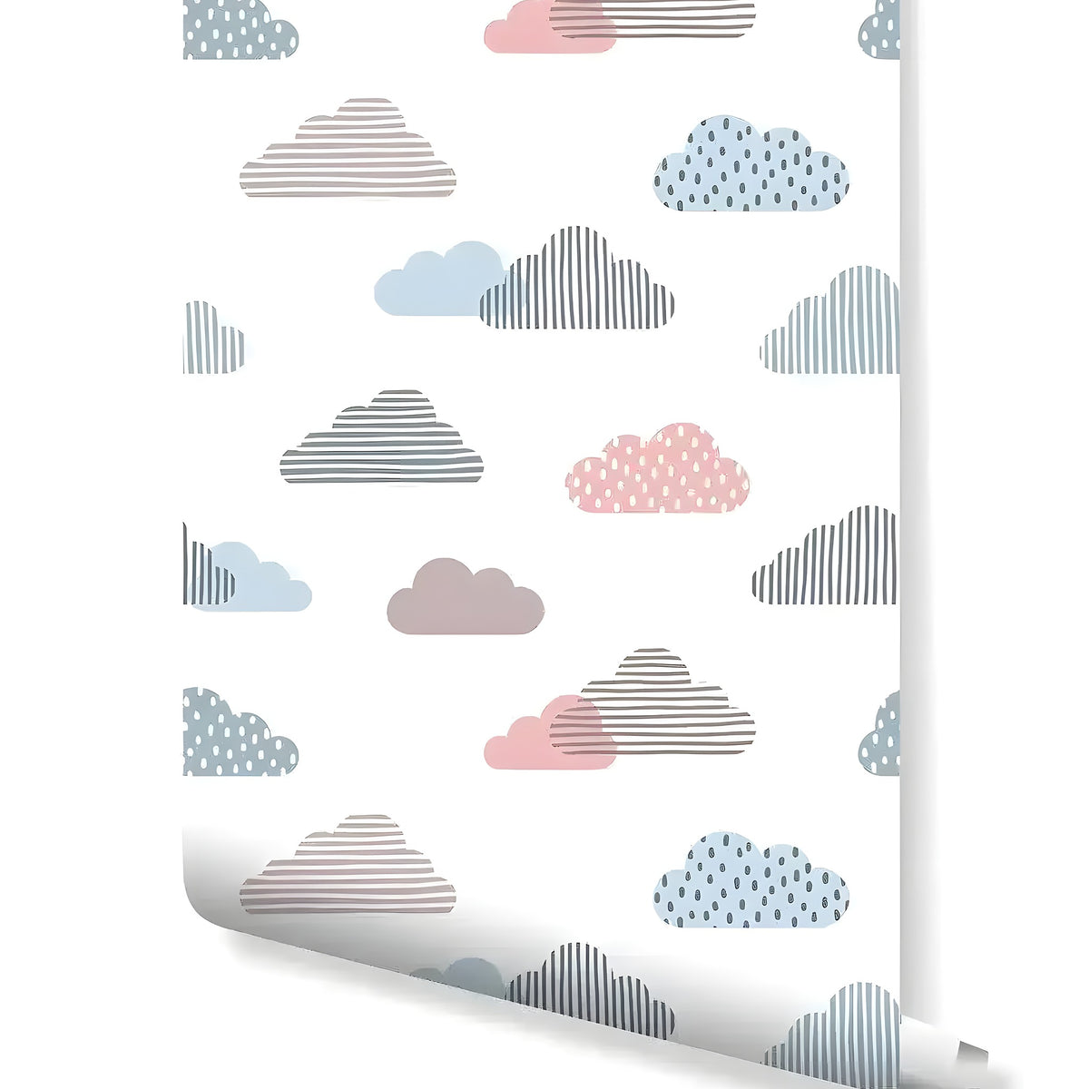 Roll of colorful geometric clouds wallpaper showing scattered pastel striped and dotted clouds on white
