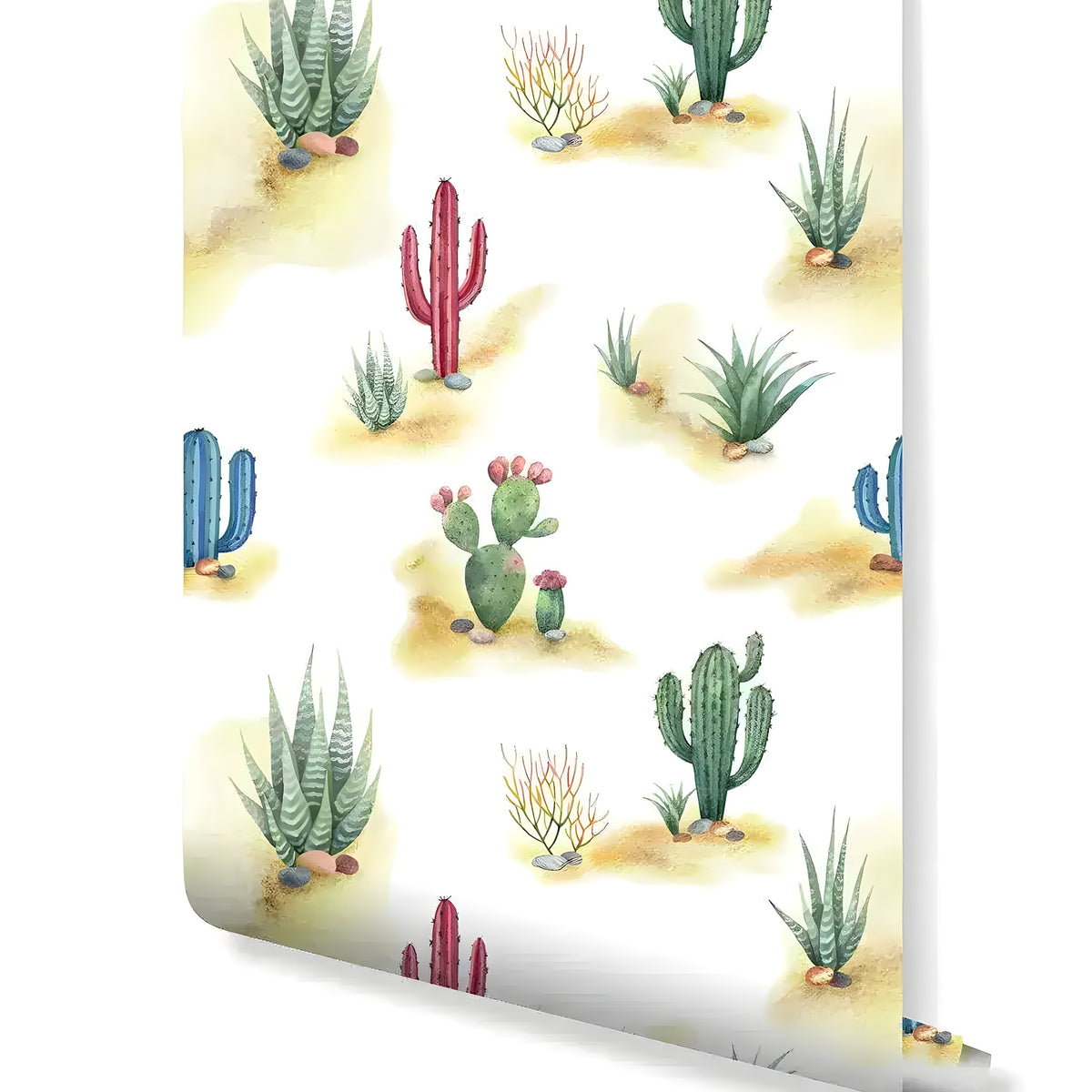 Wallpaper roll with watercolor desert cactus landscape featuring saguaro, prickly pear, aloe, and sandy soil