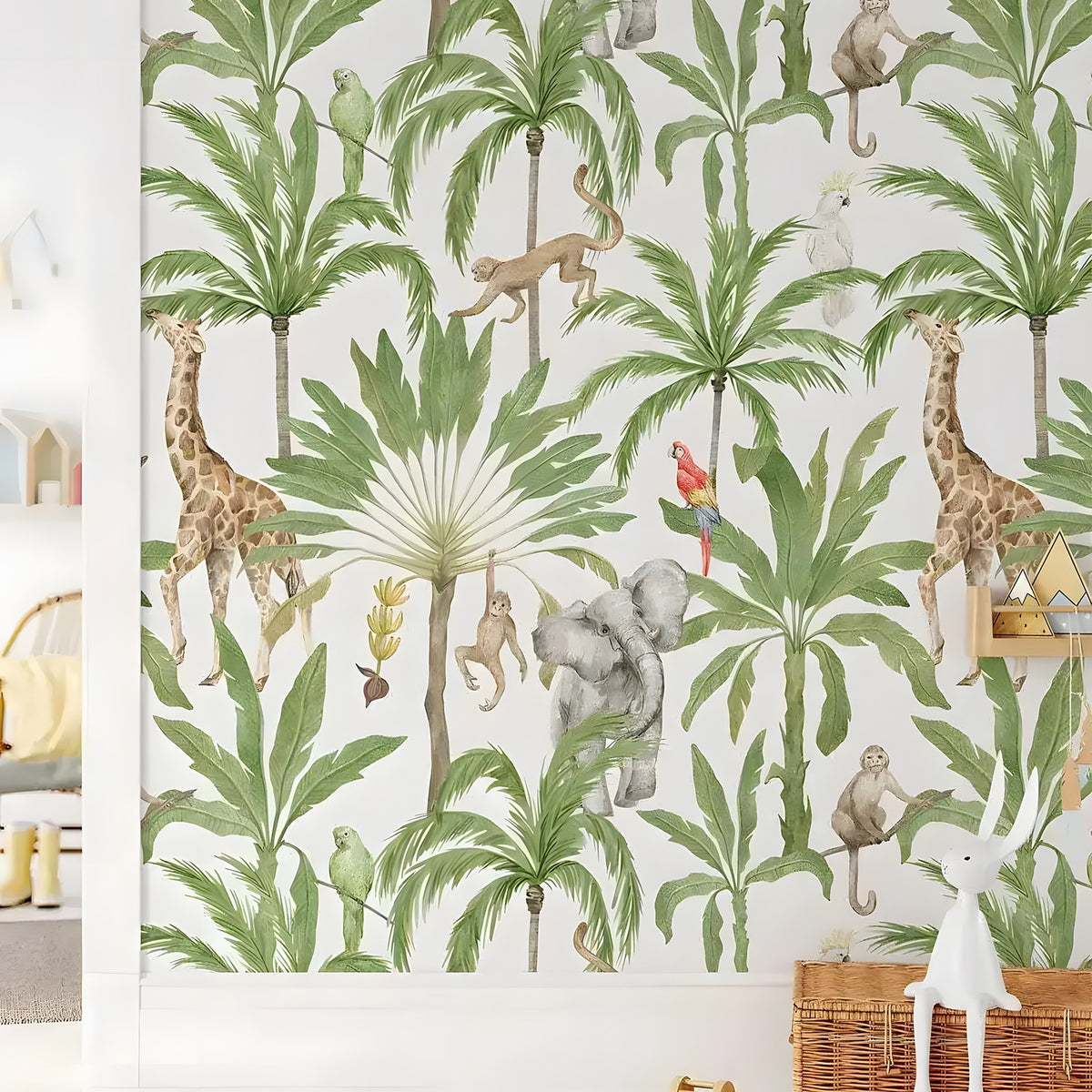 Tropical safari nursery wallpaper in a kids' room, giraffes, elephants, and monkeys among tall green palms