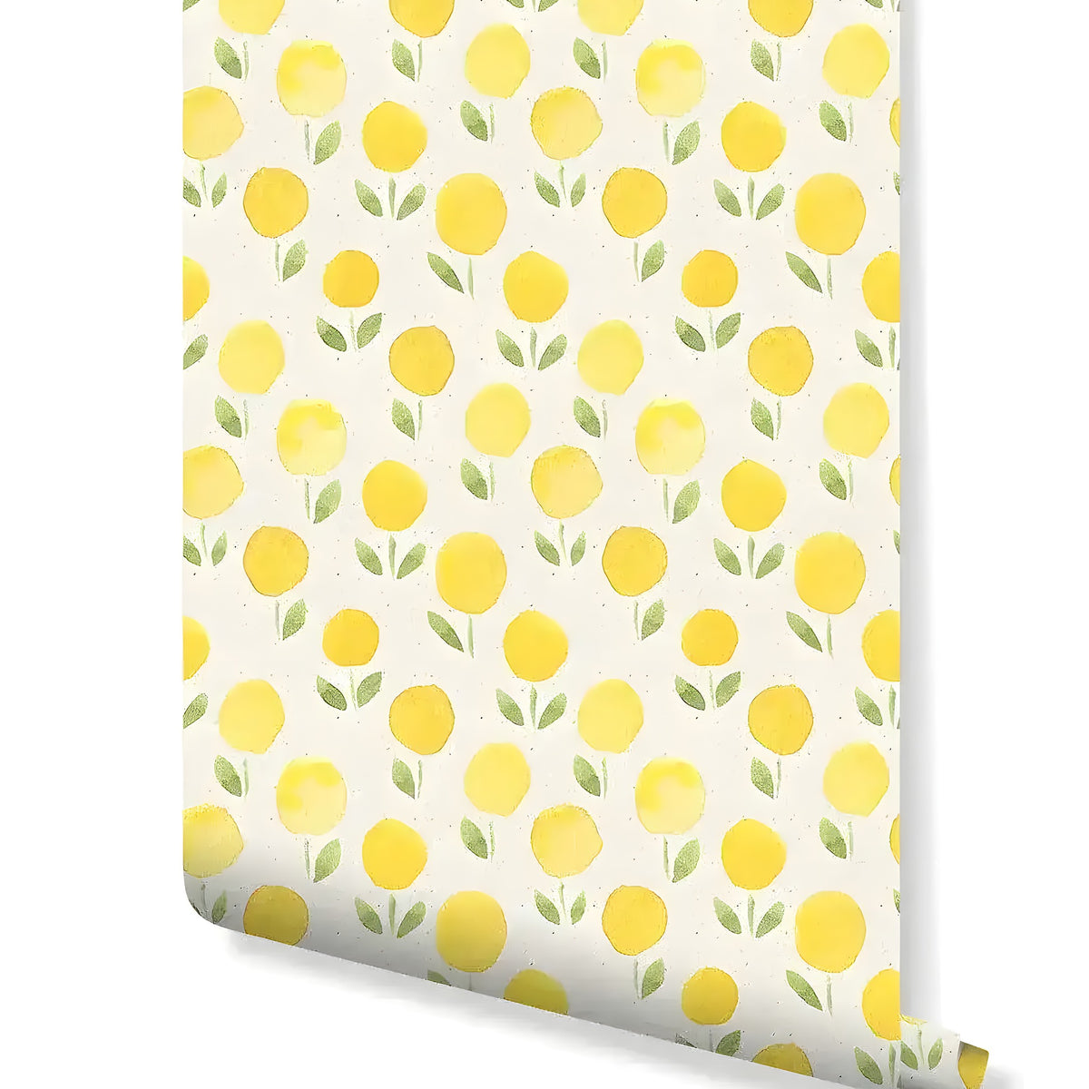 Wallpaper roll showing repeating yellow marigold blooms with green stems on a cream watercolor ground