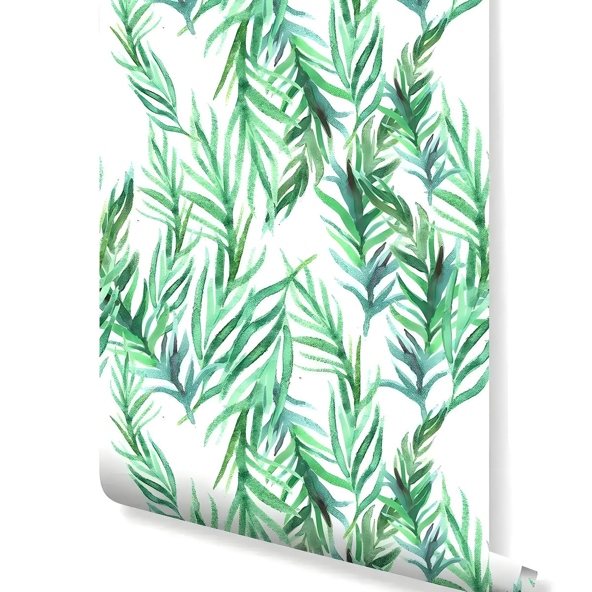 Botanical green leaves removable wallpaper roll showing diagonal palm leaf watercolor pattern