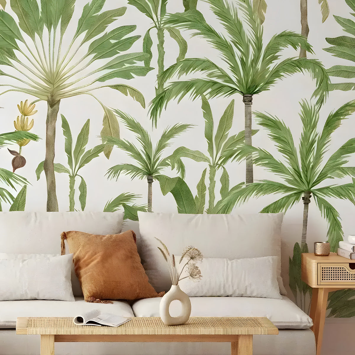 Exotic palms tropical wall mural in a living room with linen sofa and rattan coffee table