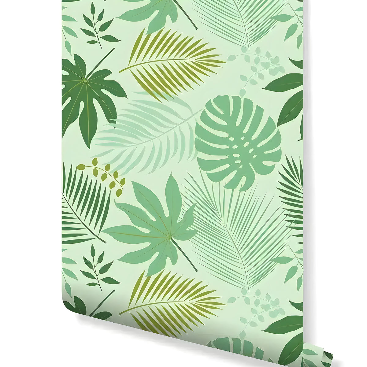 Rolled sample of green tropical palm leaves wallpaper showing mint background with mixed deep green, gold fronds, and monstera