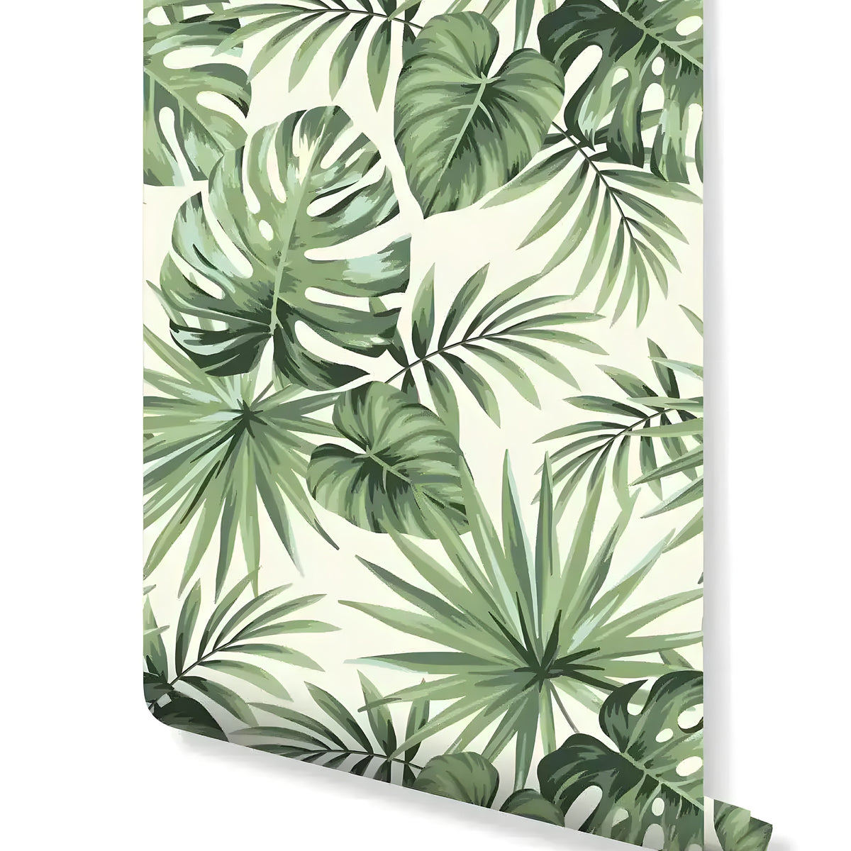 Roll of tropical palm leaves removable wallpaper with lush green monstera and palm fronds on cream background