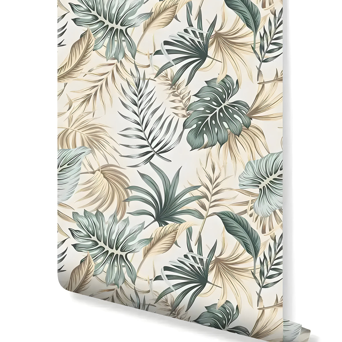 Rolled swatch of Green Palm Leaves Tropical Boho wallpaper — mixed monstera and palm fronds in sage and tan on cream