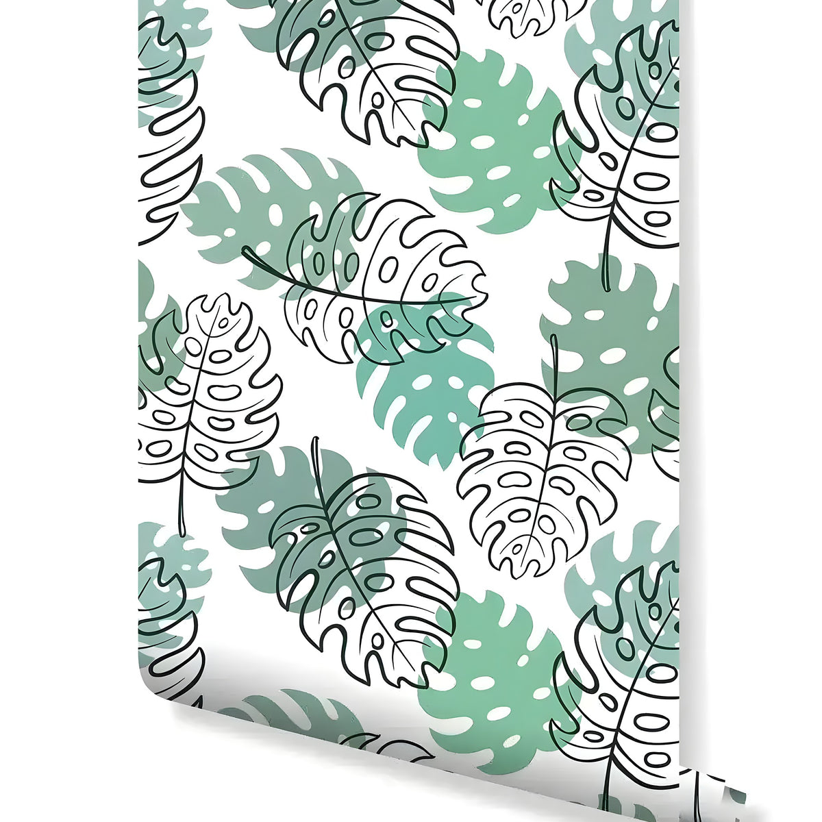 Rolled monstera palm leaves sketch wallpaper with green outlined leaf illustrations on white
