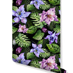 Tropical monstera purple flowers wallpaper roll — dark background botanical pattern