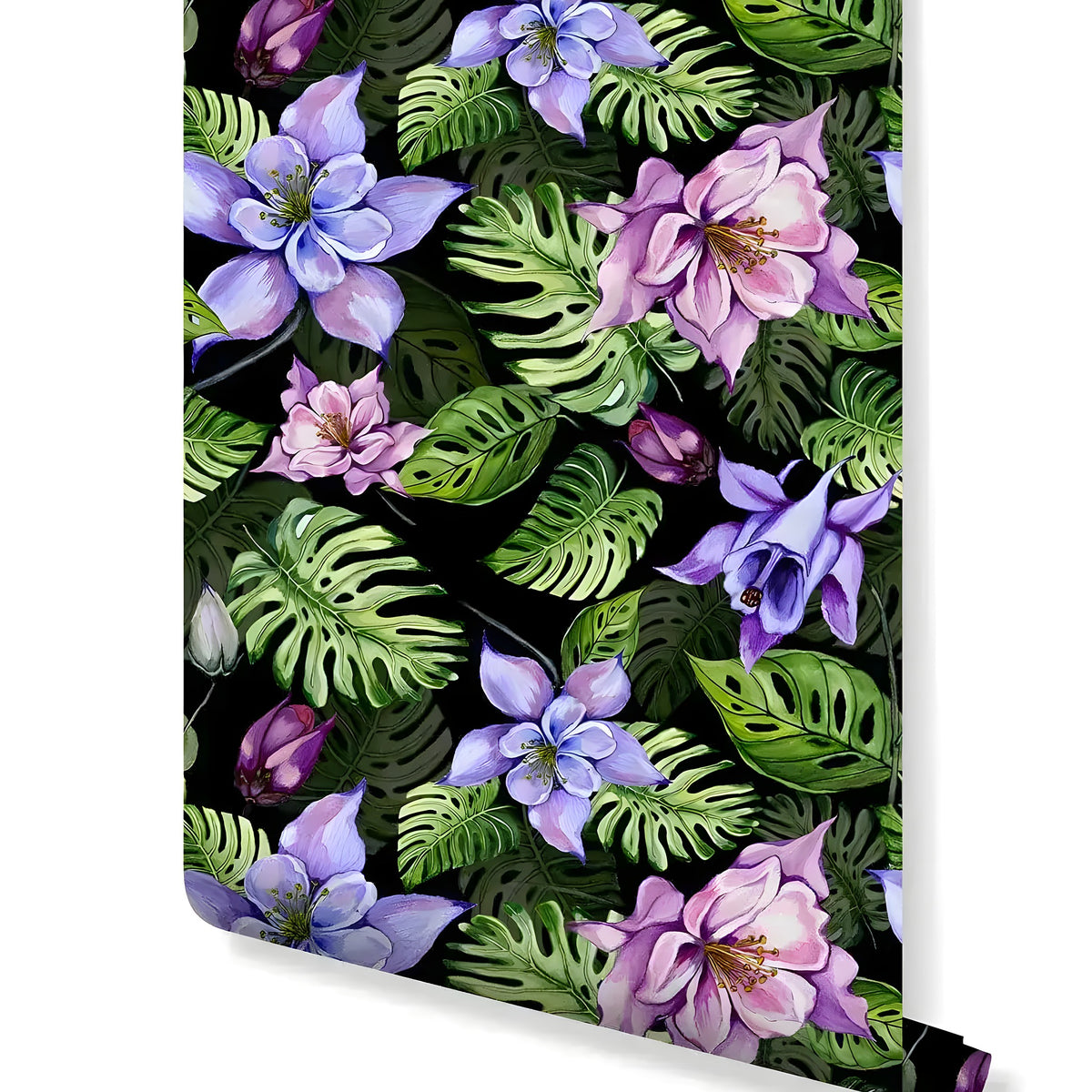 Tropical monstera purple flowers wallpaper roll — dark background botanical pattern