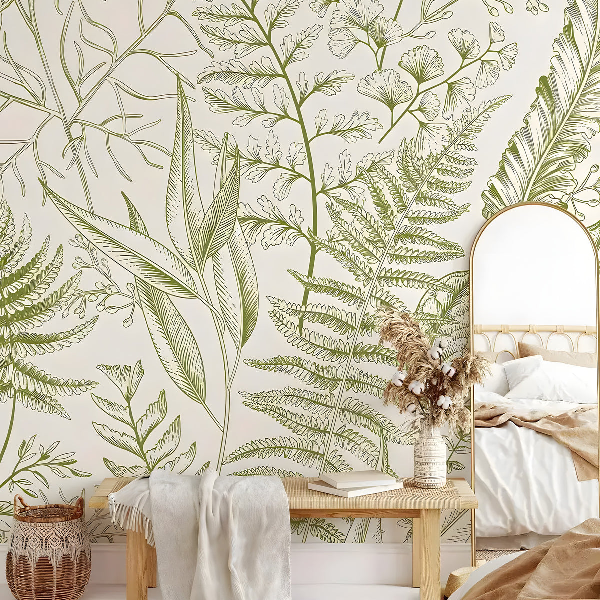 Light green fern botanical wall mural installed in a boho bedroom with rattan bench and arch mirror