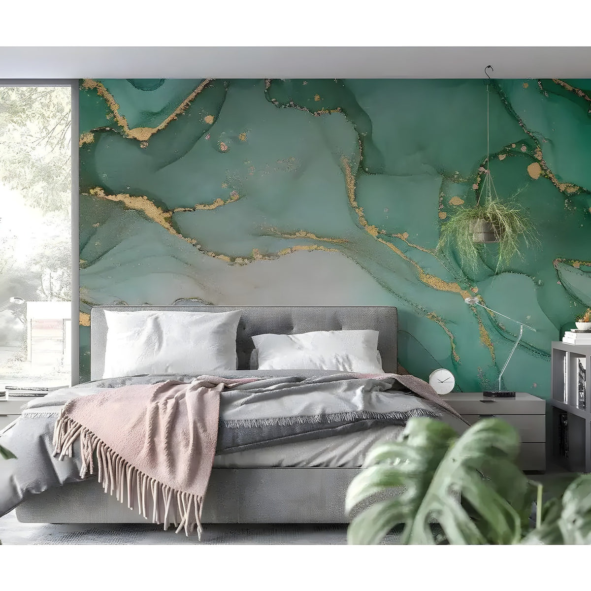 Green Watercolor Abstract Marble mural in a bedroom — emerald and mint alcohol ink swirls with gold veining