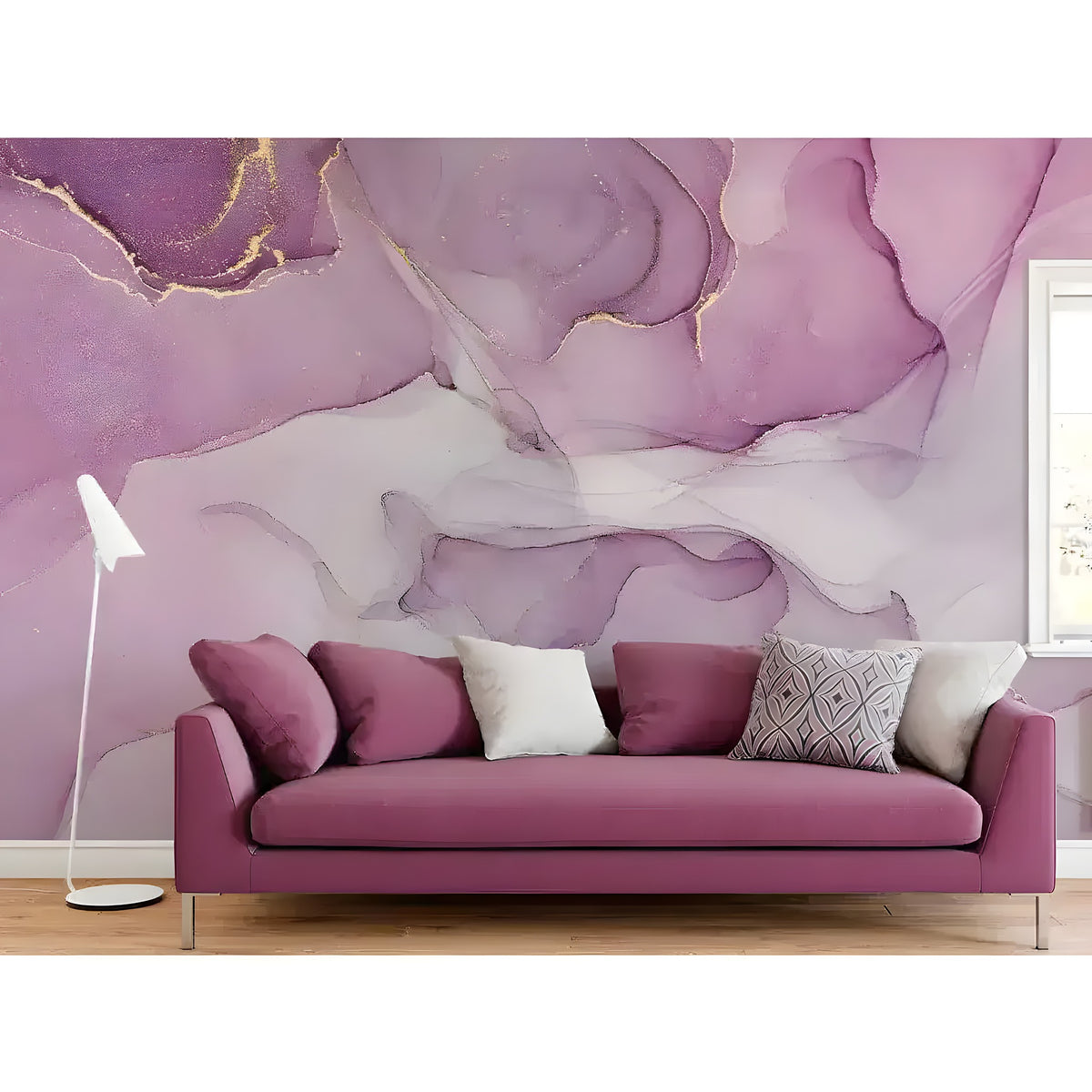 Watercolor marble abstract alcohol ink mural in living room, purple-mauve tones with gold veins