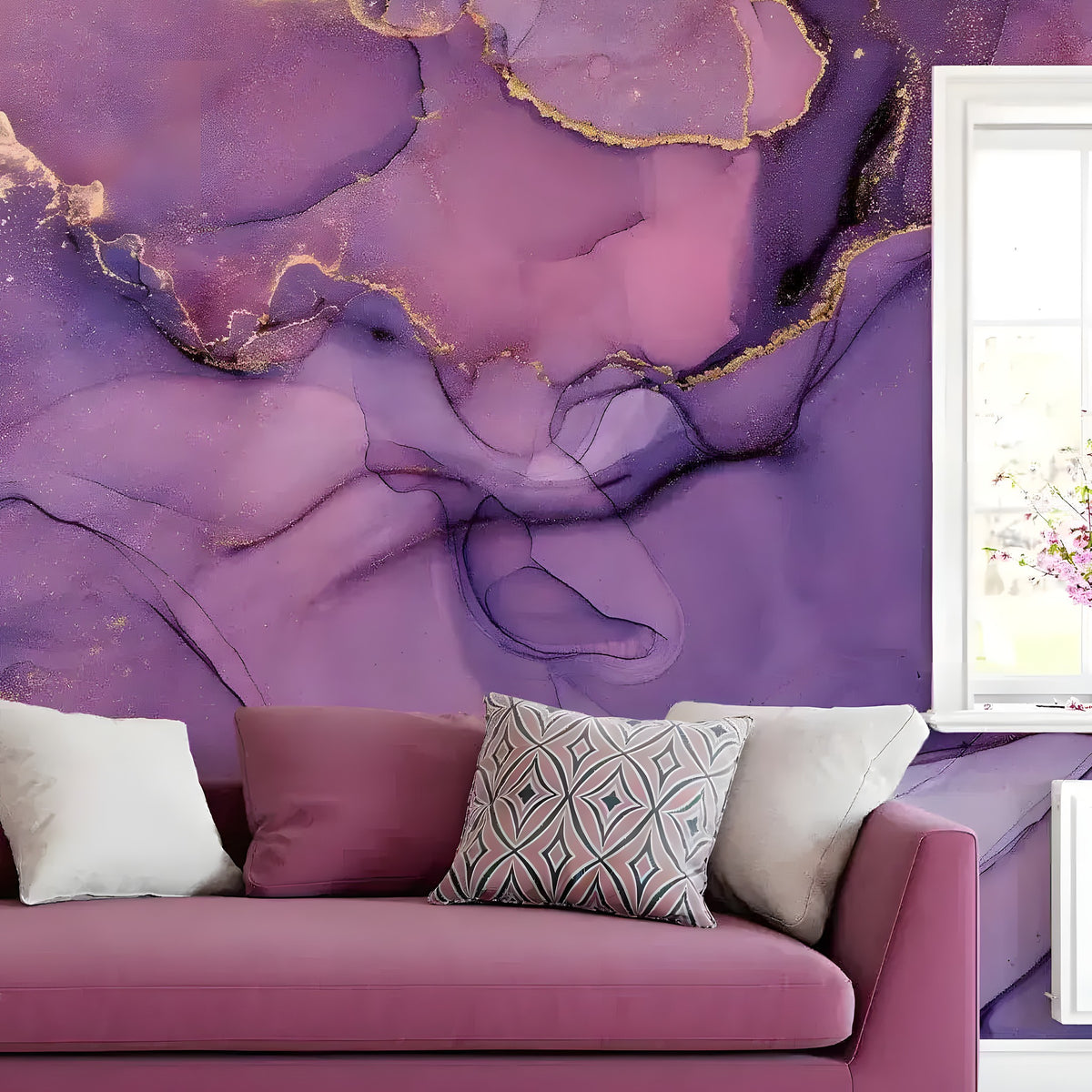 Purple and mauve alcohol ink marble mural with gold veining behind a plum velvet sofa