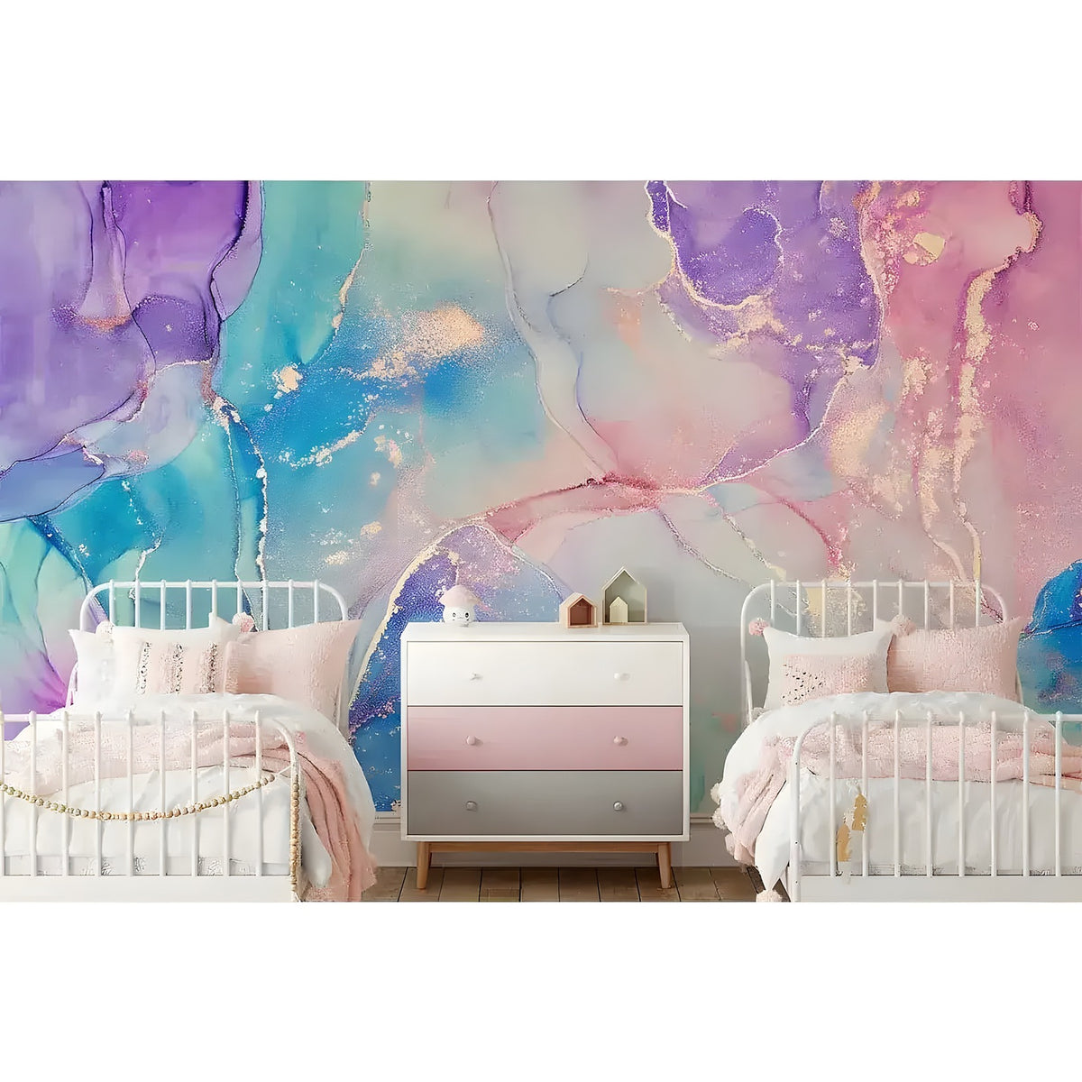 Watercolor abstract marble mural in a girls' shared room — swirling purple, blue, and pink with gold veins behind twin beds