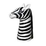 Glossy ceramic zebra head vase with bold black and white stripes, side profile view