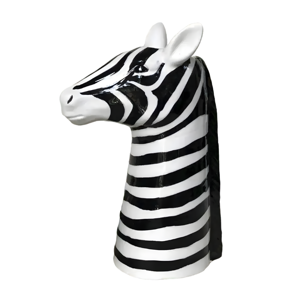 Glossy ceramic zebra head vase with bold black and white stripes, side profile view