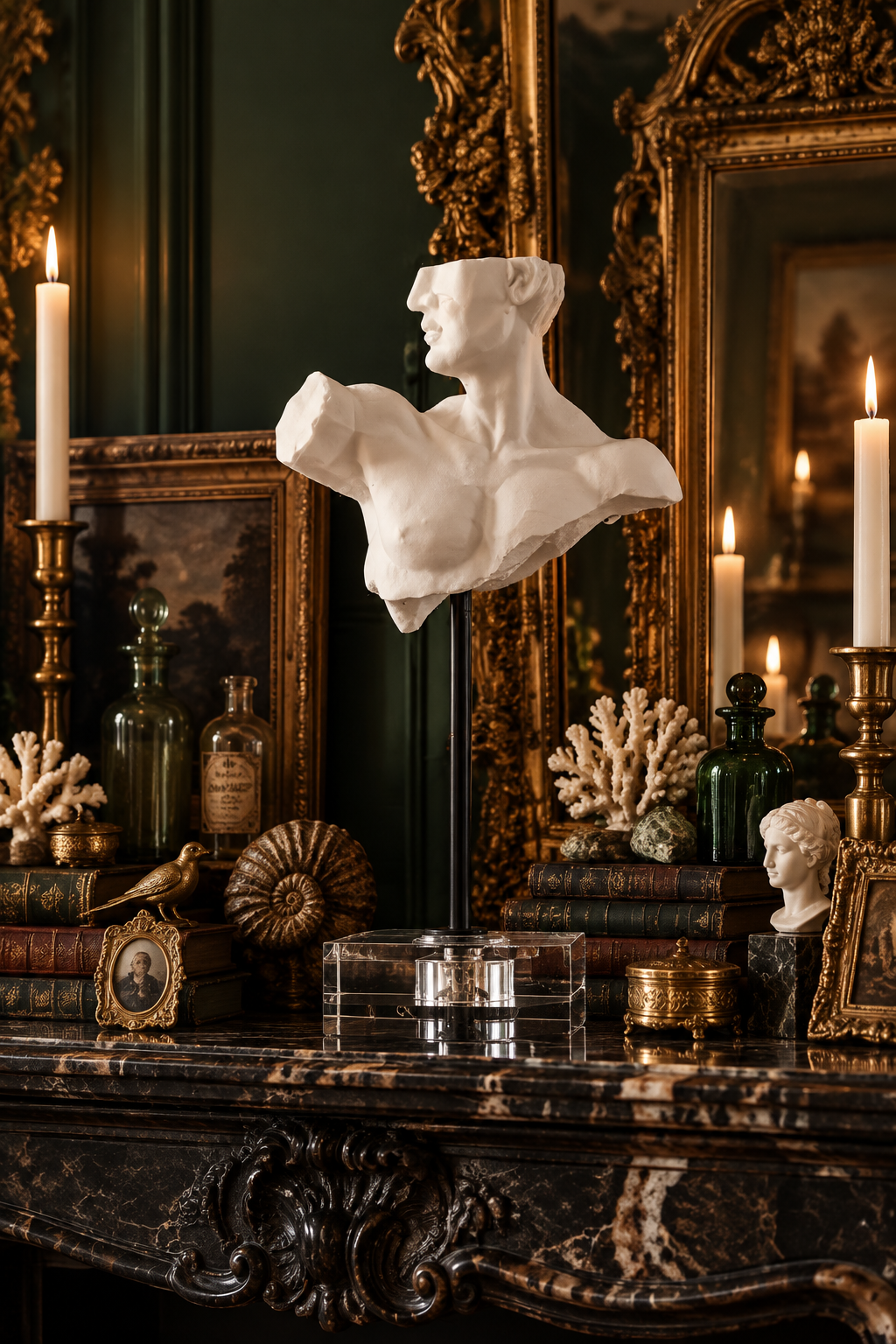 Estatua de torso masculino blanco sobre base acrílica