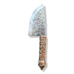 Khmer ancient brass butcher knife full view showing engraved blade with serpent motif and ornate brass handle