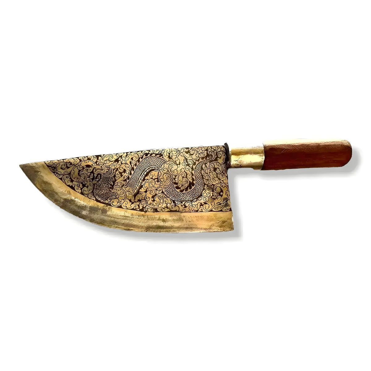 Hand engraved Khmer brass butcher knife, side view, broad curved blade with dragon scrollwork, dark wood handle