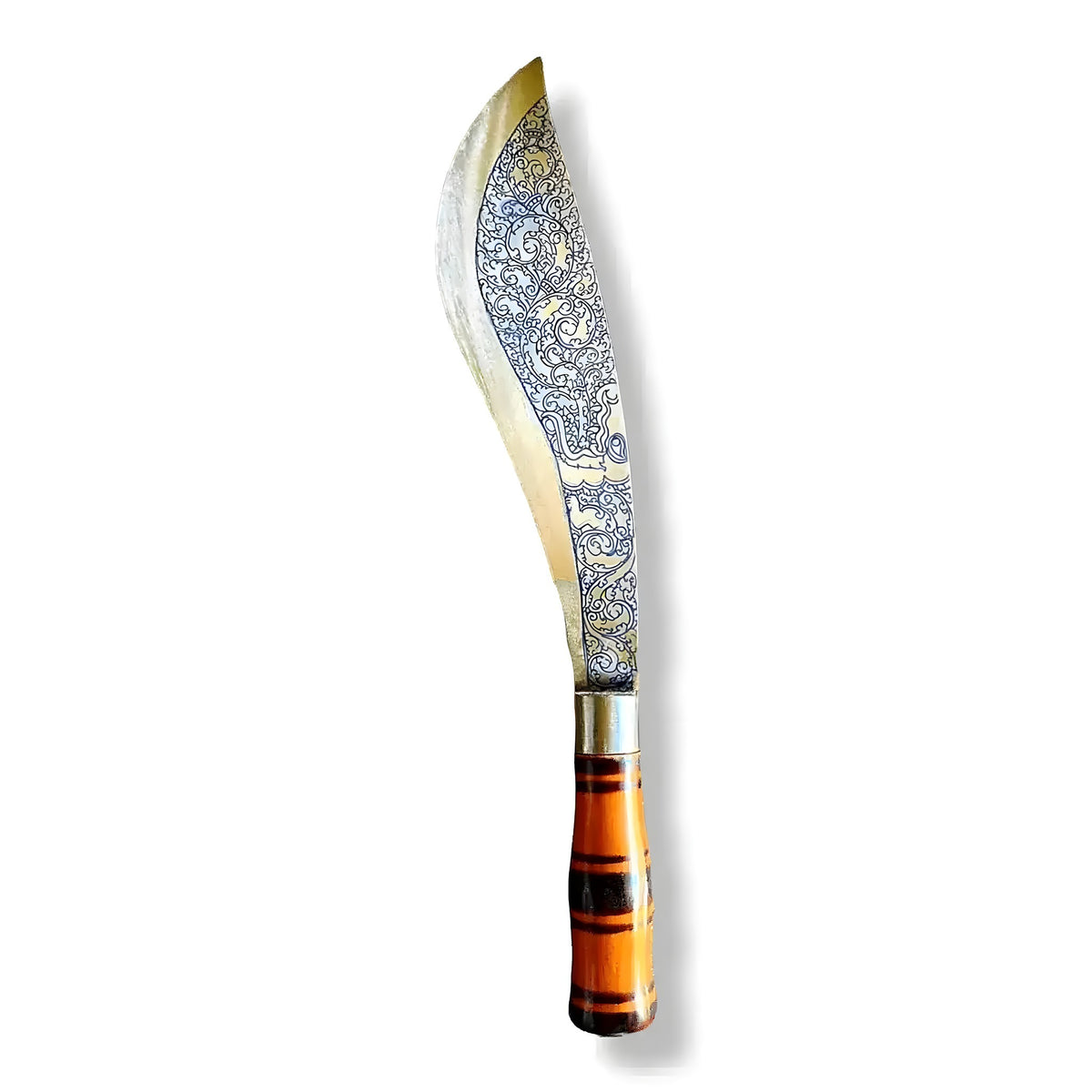Hand engraved Khmer machete knife, curved blade with intricate floral scrollwork and short banded wood handle