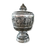 Full front view of the silver niello bowl on pedestal with lotus-bud finial lid and royal procession engraving