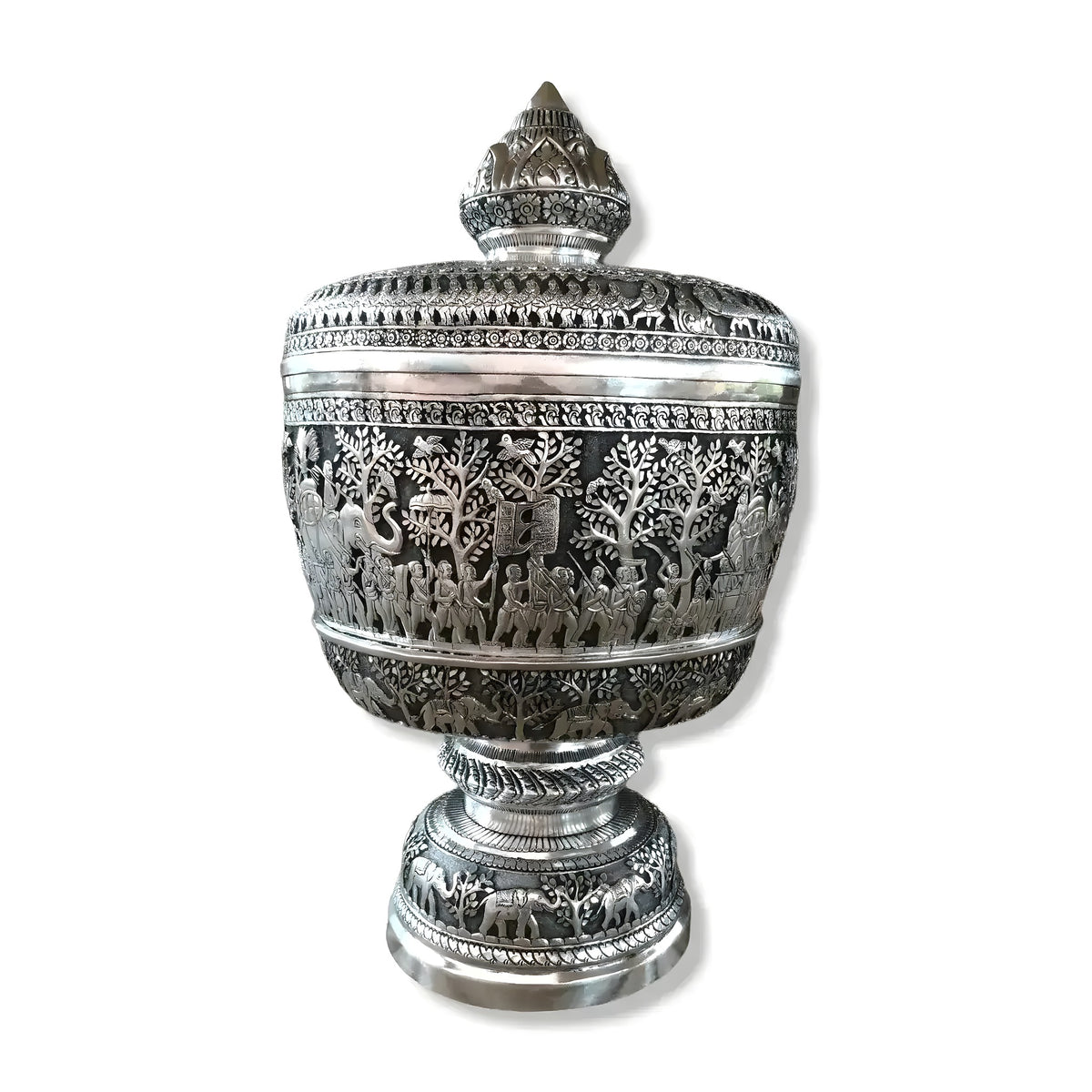 Full front view of the silver niello bowl on pedestal with lotus-bud finial lid and royal procession engraving