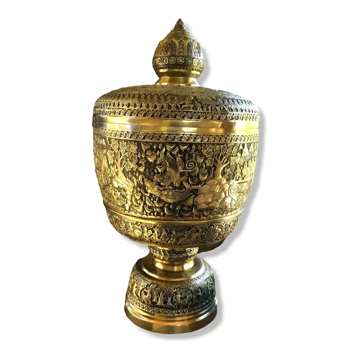 Gold brass niello bowl on pedestal, 3/4 view, dense dragon and floral engravings, spire-topped lotus lid