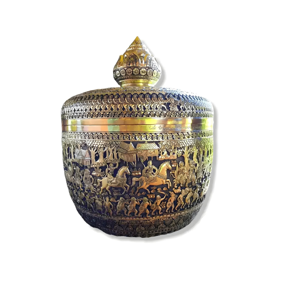 Gold brass niello bowl with lotus lid, front view, warrior horseback procession in dark niello relief bands