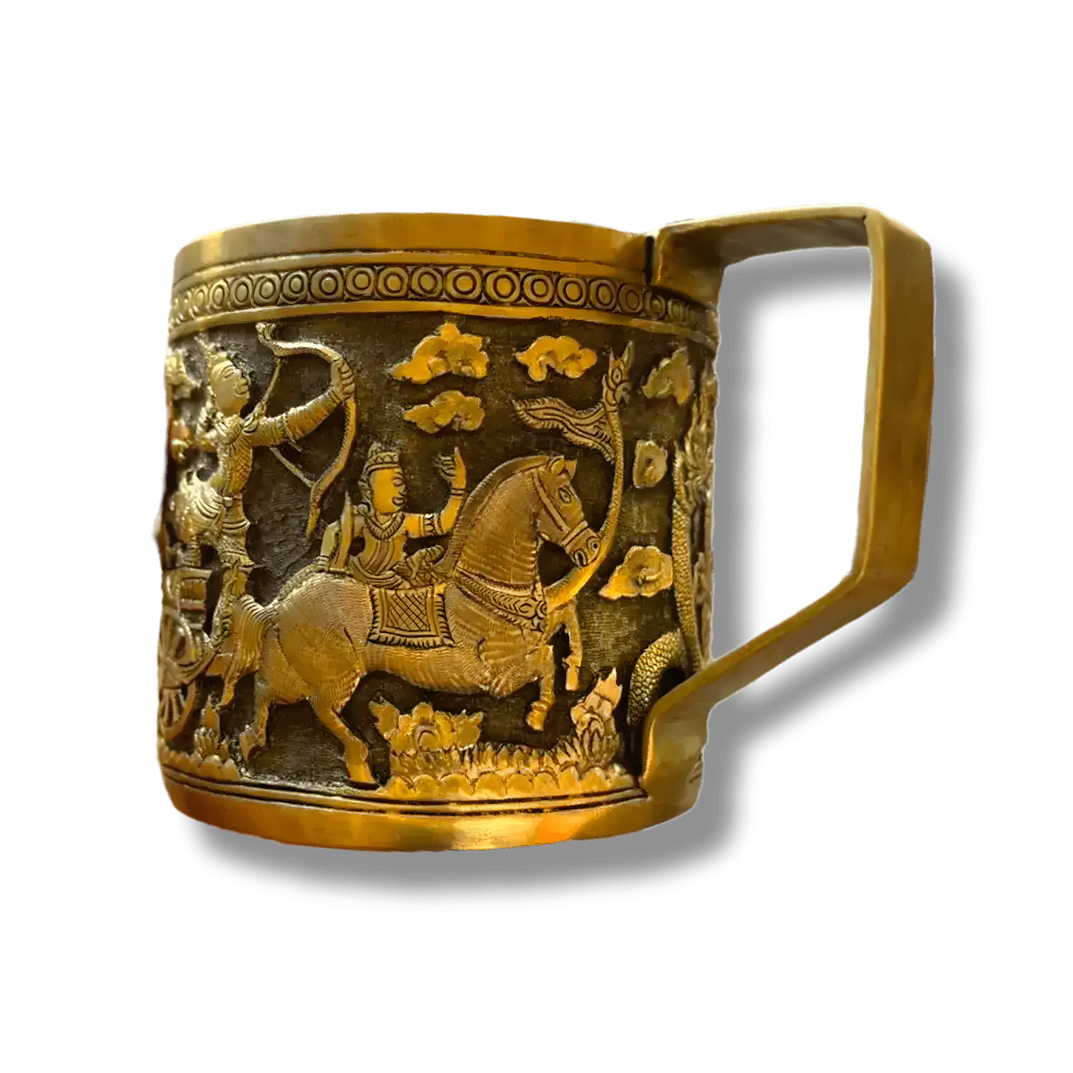 Brass mug with handle showing warriors-and-horse scene — archer and horseman relief, dark niello, rectangular handle