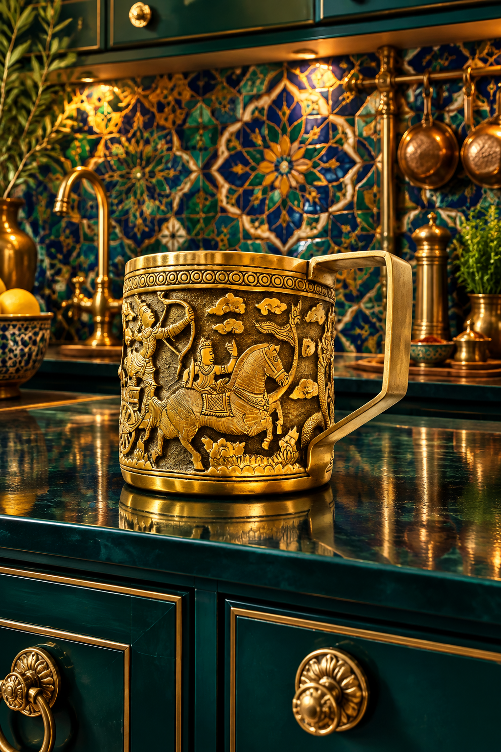 Hand Engraved Solid Brass Mug with Handle - Warriors and Horse