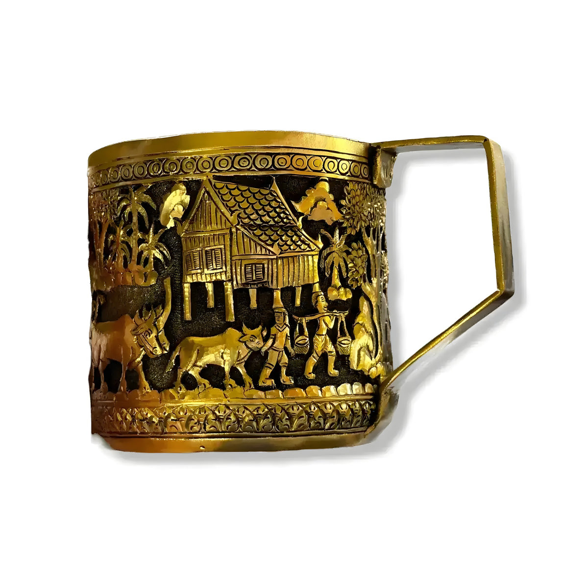 Hand engraved solid brass mug with angular handle, Khmer rural scene of stilt house, farmers, and palm trees