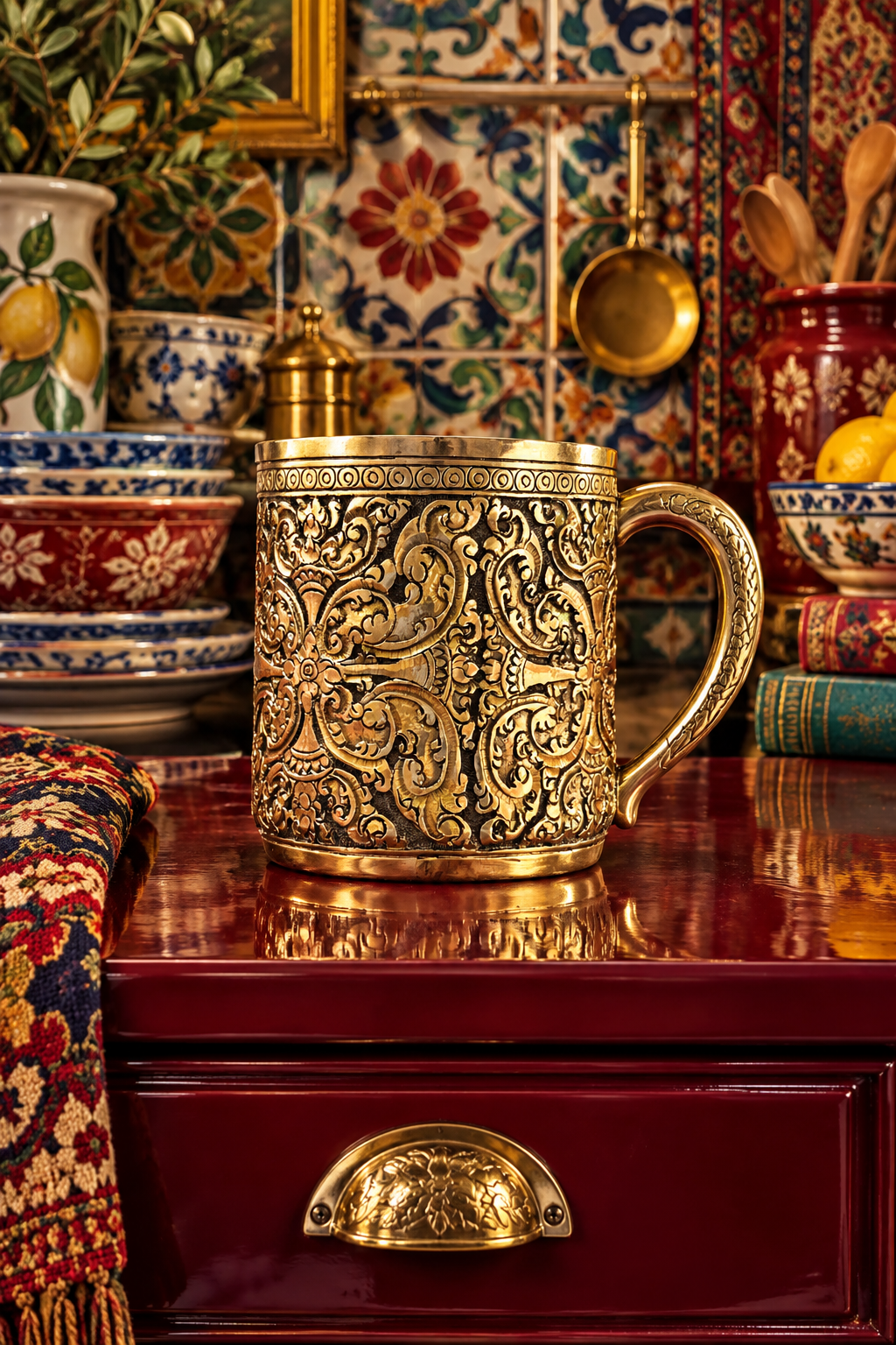 Hand Engraved Solid Brass Mug with Handle - Floral Art