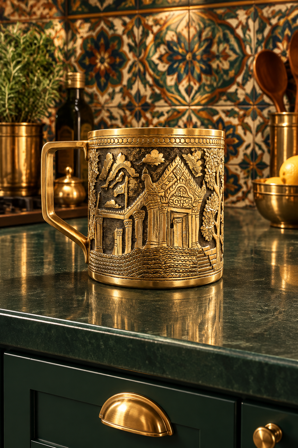 Hand Engraved Solid Brass Mug with Handle - Temple