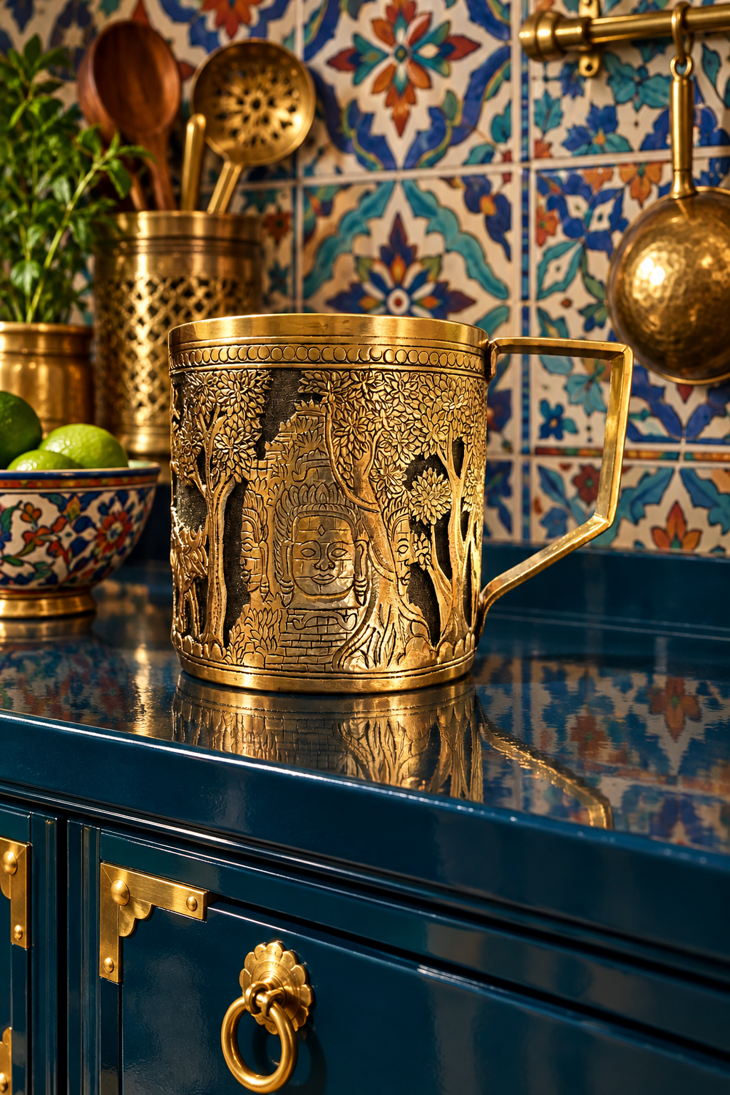 Hand Engraved Solid Brass Mug with Handle - Bayon Temple