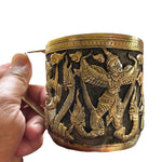 Solid brass mug with handle, featuring hand-engraved Garuda and naga mythological figures in relief