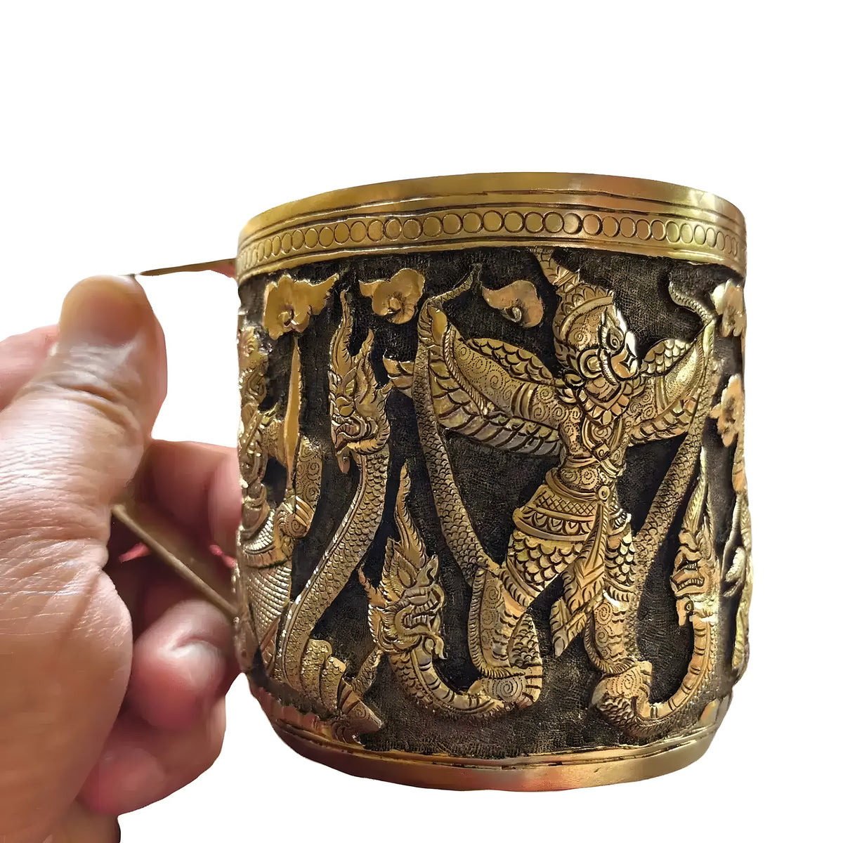 Solid brass mug with handle, featuring hand-engraved Garuda and naga mythological figures in relief