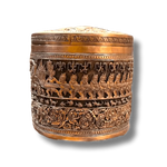 Solid brass niello betel box front view with engraved procession of figures and floral frieze bands