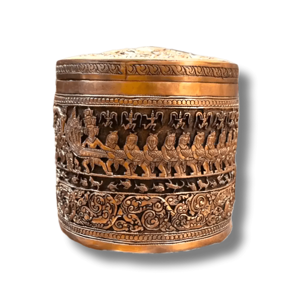 Solid brass niello betel box front view with engraved procession of figures and floral frieze bands