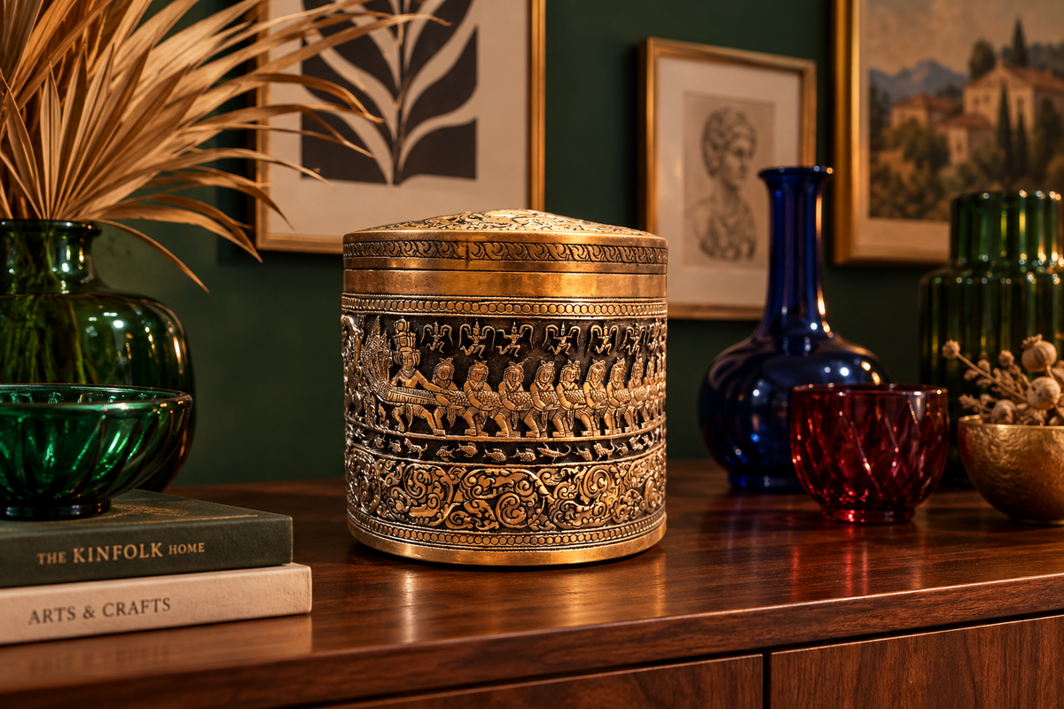 Hand Engraved Solid Brass Niello Betel Box