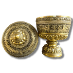 Mini solid brass niello bowl on pedestal with ornate carved lid beside it, traditional relief patterns